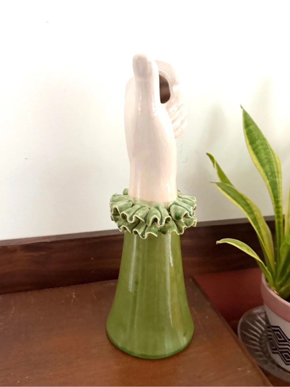 Vintage Green Ruffle Sleeve Ceramic Hand Vase Kitschy Mid Century Decor Coquette